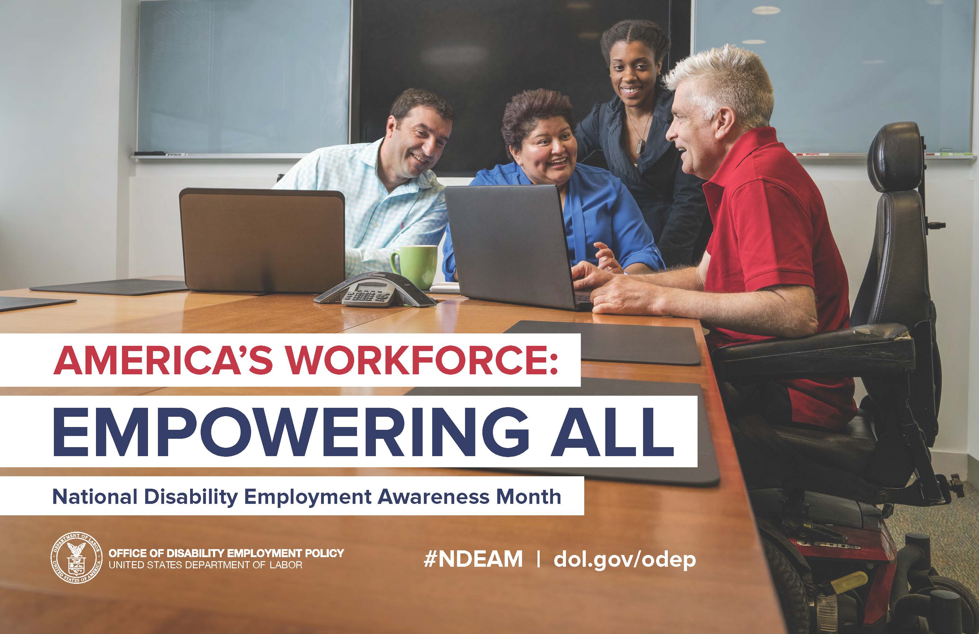 Graphic: America's Workforce Empowering All National Disability Employment Awareness Month - a group of people sitting around a conference table